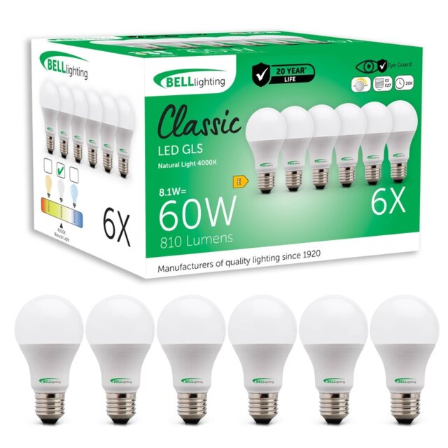 BELL Lighting Dimmable E27 GLS Edison Screw Natural White 4000K 8.1W LED Light Bulbs