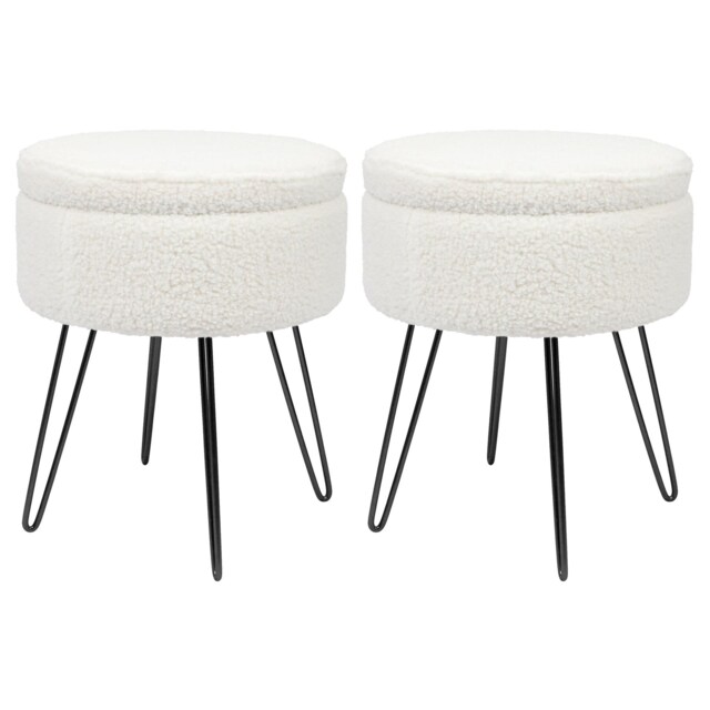 Harbour Housewares 2x Boucle Storage Footstools - Round Modern Dressing Table Footstool Vanity Seat Chairs - 46 x 37cm Black Legs Black Cream/Black Pack of 2 2