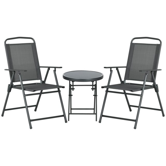 Outsunny Patio Bistro Set Folding Chairs & Coffee Table for Balcony, Dark Grey Grey