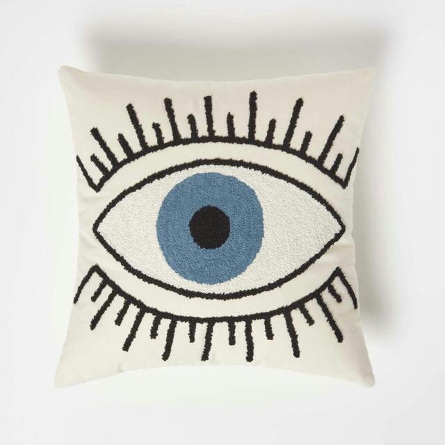 Homescapes Eye See You White Tufted Cotton Cushion - 45 x 45 cm Multi White, Black, Blue 1