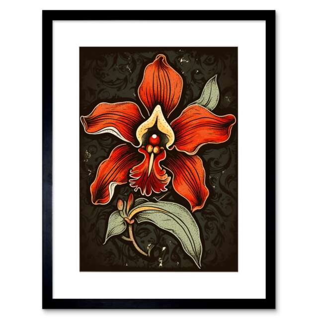 "Old School USA Tattoo Body Red Orchid Rockabilly 50s 9x7"" Black Framed Wall Art Print"