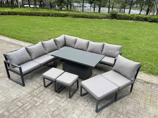 Fimous 10 Pieces Aluminium Garden Furniture Set with Cushions, Patio Furniture Set with Adjustable Rising Lifting Dining Table 3 Footstools Dark Grey