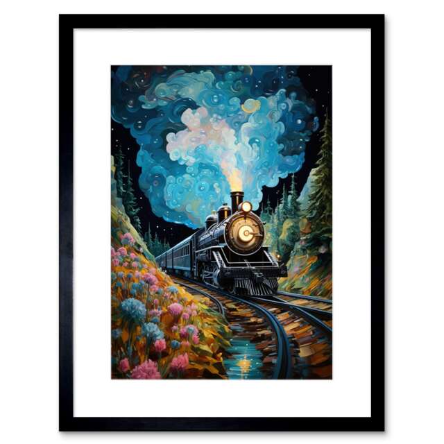 "Train Ride to Imagination Land Dream Railroad 9x7"" Black Framed Wall Art Print"