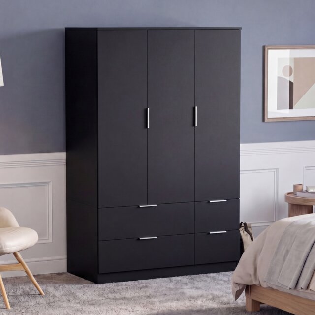 Vida Designs Trega 3 Door 4 Drawer Modern Wardrobe Storage Unit With Hanging Rails - Black