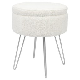 Harbour Housewares Boucle Storage Footstool - Round Modern Dressing Table Footstool Vanity Seat Chairs - 46 x 37cm Silver Legs Silver Cream/Silver Pack of 1 1