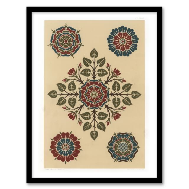 "Vintage Stylised Rose Flower Pattern Audsley Framed Wall Art Print 12X16"""