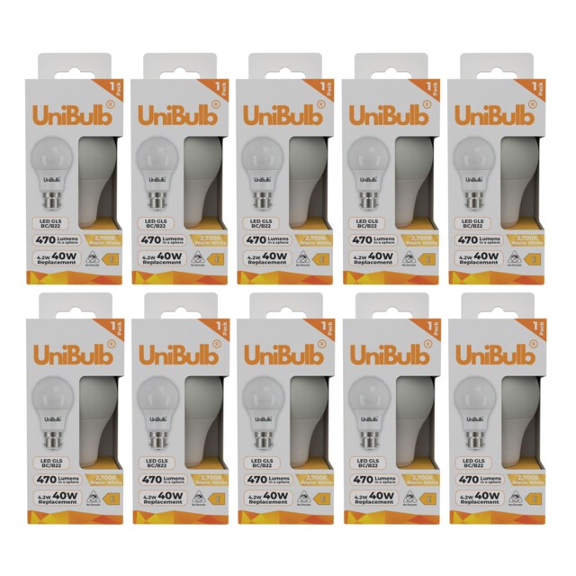 UniBulb LED GLS B22 Bayonet Cap (BC) 470lm 4.2W (Replaces 40W) 2700K (Warm White) Light Bulb - Pack of 10