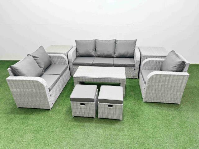 Fimous Patio PE Wicker 8 Seater Outdoor Rattan Furniture Sofa Sets with Oblong Coffee Table Reclining Chair Loveseat Sofa 3 Seater Sofa Stool 2 Side Table Light Grey