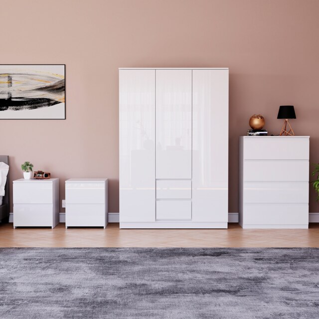 Vida Designs Glinton 4 Piece FSC Certified Bedroom Set (2 Drawer Bedside Chest x2, 4 Drawer Chest, 3 Door 2 Drawer Wardrobe), White White White 4