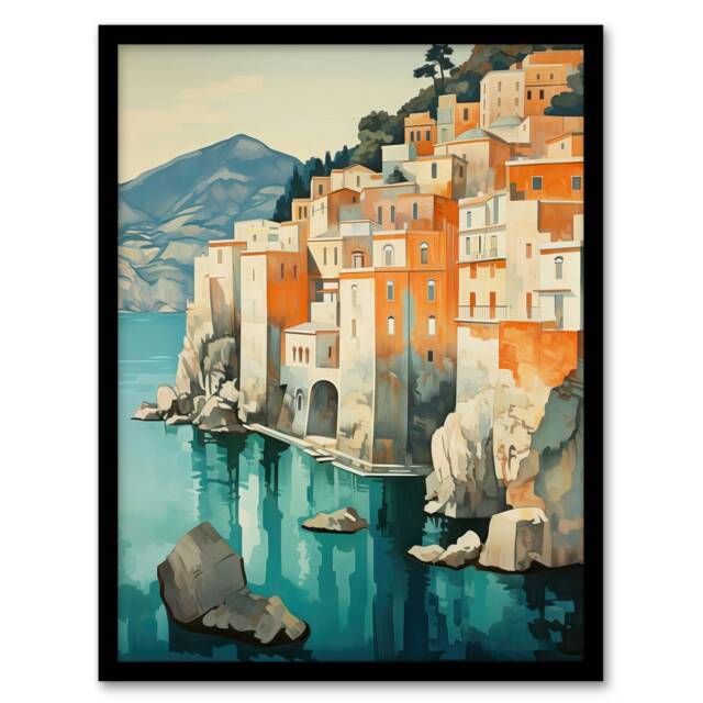 Amalfi Coast Orange Green Coastal Village Black Framed Wall Art Print A4