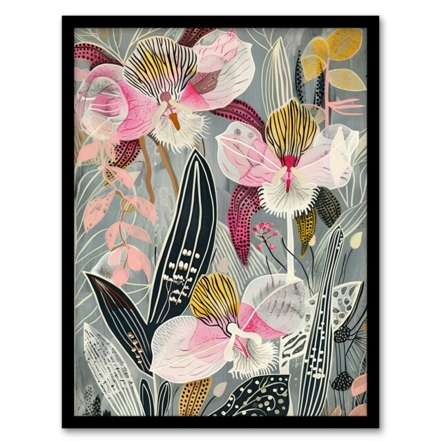 Bold Stylised Orchid Flowers Hot Pink Home Decor Black Framed Wall Art Print A4