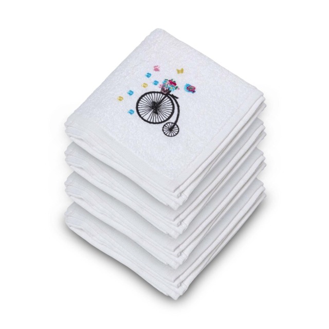 Homescapes Turkish Cotton Embroidered Bicycle White Face Cloth - Set of 4