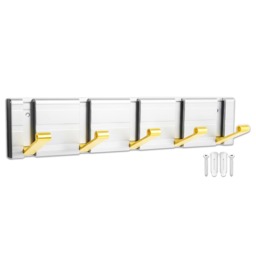 SPARES2GO Luxury Wall Mounted Coat Rack 5 Hooks Aluminium Retractable Hanging Hook Rail (Silver + Gold)