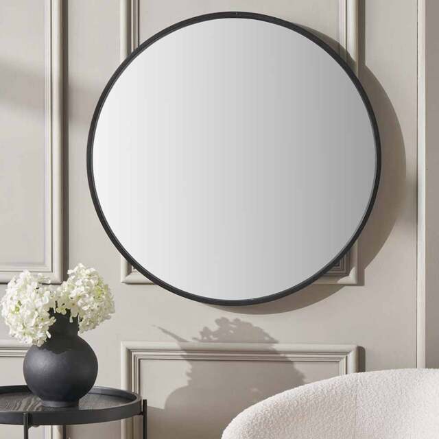 Round Wall Mirror with Black Wood Veneer Frame