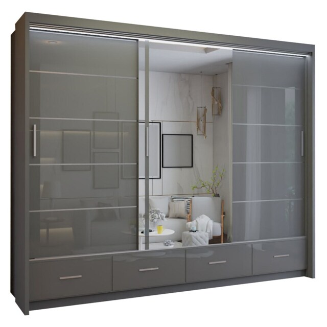 Spacious High Gloss Contemporary Wardrobe with Mirrored Sliding Doors and Drawers - Grey 255cm