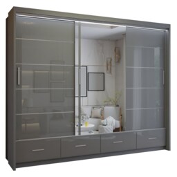 Spacious High Gloss Contemporary Wardrobe with Mirrored Sliding Doors and Drawers - Grey 255cm