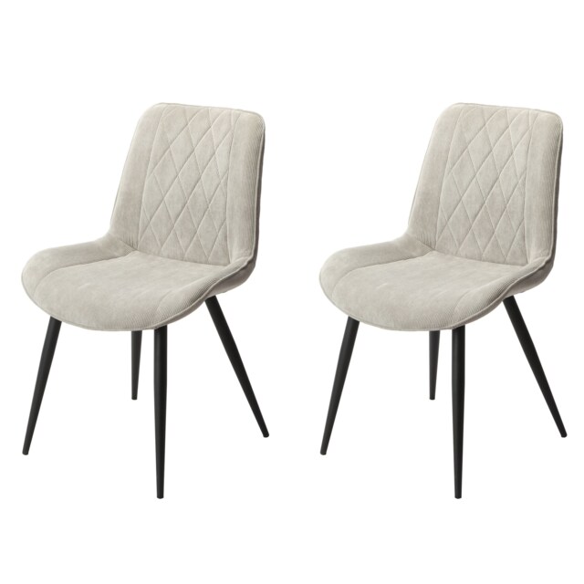 Pair of Aspen Cord Fabric Diamond Stitch Dining Chairs with Curved Seat and Black Tapered Metal Legs Grey Light Grey 1