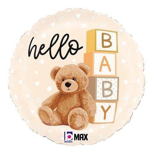 Hello Baby Teddy Bear Round Foil Helium Balloon 46cm / 18 in Cream