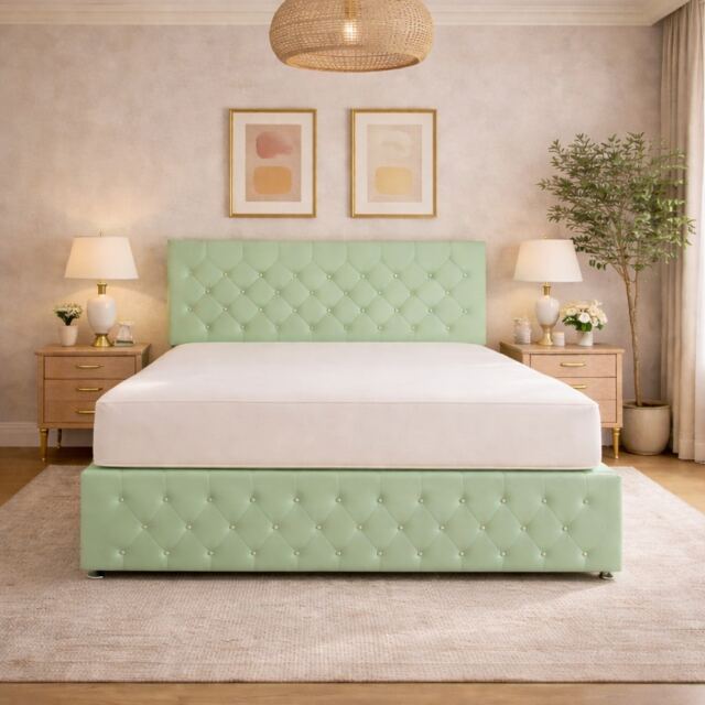 6FT Superking Mint Plush Velvet Divan Bed With Headboard & Footboard and Memory Sprung Mattress No Drawers