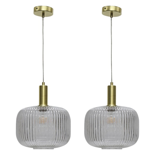 Set of 2 Batley Large - Clear Ribbed Glass Satin Brass Deco Pendants