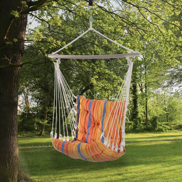 Outsunny Outdoor Hanging Rope Chair with Soft Padded Seat & Backrest, Garden Hammock Chair with Wooden Support Bar Cotton Cloth, Portable Garden Chair for Patio & Tree, Orange Orange Orange Stripe