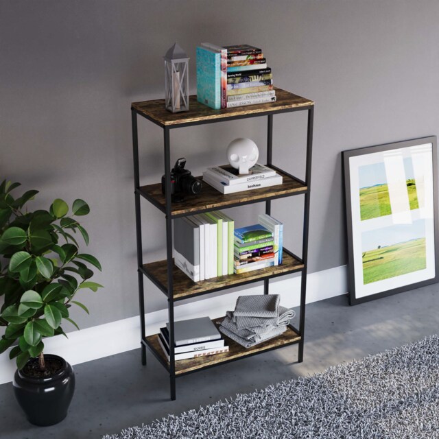 Vida Designs Brooklyn 4 Tier Bookcase Industrial Style Display Storage, Dark Wood