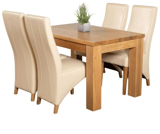 Dakota 127 x 82cm Oak Small Dining Table and 4 Lola Leather Chairs Cream Cream