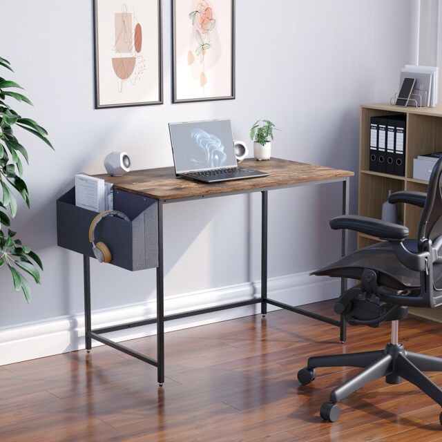 Vida Designs Brooklyn Large Computer Desk With Storage Basket Home Office Workstation, Dark Wood