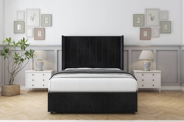 "Sloomy Falcon Black Naples Divan Bed With Mattress No Drawers With 54"" Wingback Headboard 2'6 Small Single Black Black Small Single 1"