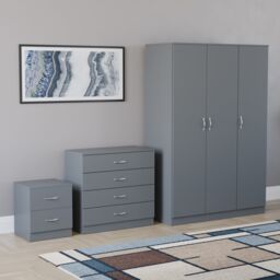 Vida Designs Riano 3 Piece Bedroom Set (2 Drawer Bedside Chest, 4 Drawer Chest, 3 Door Wardrobe) - Grey