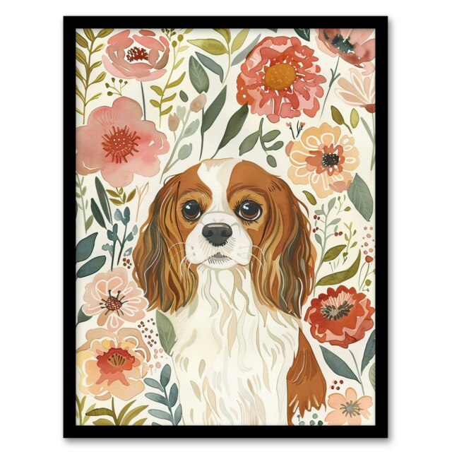 Cavalier King Charles Spaniel in Wildflowers Black Framed Wall Art Print A4