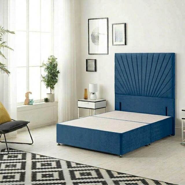 Sunburst Divan Bed with 54'' Floor Standing Headboard Plush Velvet Blue Navy