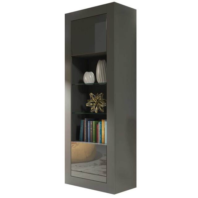 Display Cabinet Bookcase Bookshelf Storage Cabinet Glass Display Unit Grey High Gloss 170cm