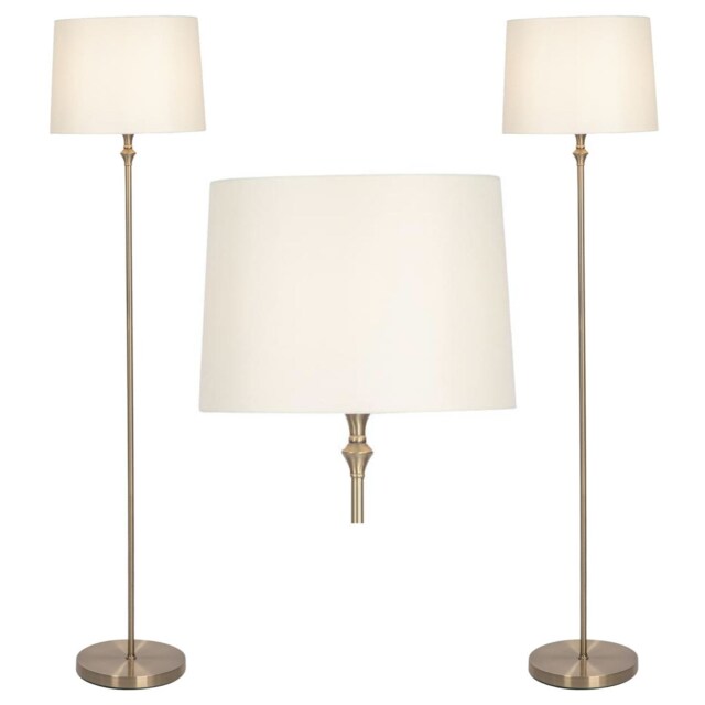 Set of 2 Antique Brass Floor Lamps with Cream Shades Bronze Cream Small 2