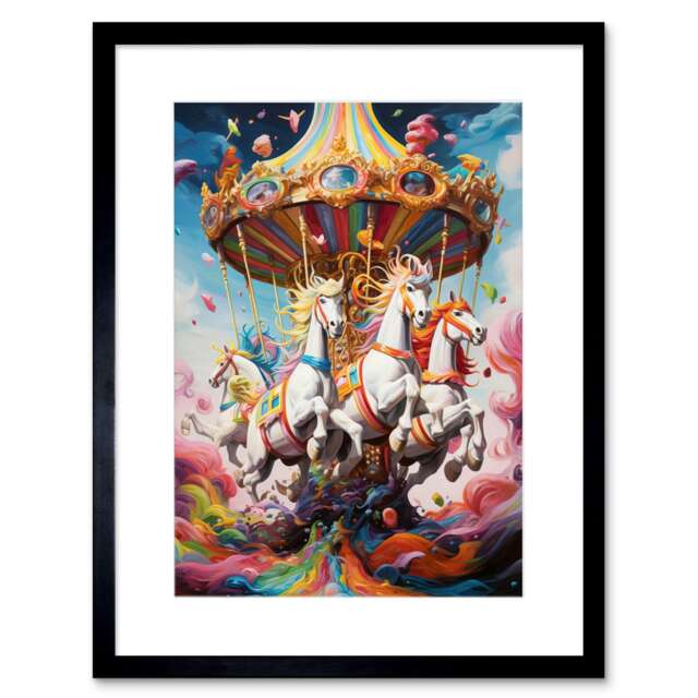 "Magical Carousel Rainbow Clouds Fantasy Kids Bedroom 9x7"" Black Framed Wall Art Print"