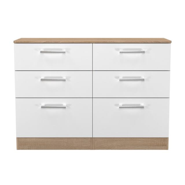 Cornwall 6 Drawer Wide Chest of Drawers in White Matt & Bardolino Oak (Ready Assembled) White White Matt & Bardolino Oak