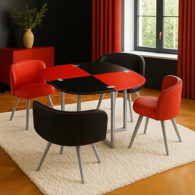 Modern Space Saver Glass Dining Table Set with 4 Red & Black Faux Leather Chairs Dining Room Furniture Black One Size 5