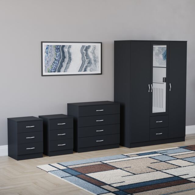 Vida Designs Riano 4 Piece Bedroom Set (3 Drawer Bedside Chest, 4 Drawer Chest, 3 Door 2 Drawer Mirrored Wardrobe), Black (6)