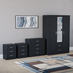 Vida Designs Riano 4 Piece Bedroom Set (3 Drawer Bedside Chest, 4 Drawer Chest, 3 Door 2 Drawer Mirrored Wardrobe), Black (6)