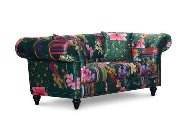 Fabric Green Patchwork 2 Seater Scroll Arm Chesterfield Sofa PORTOFINO