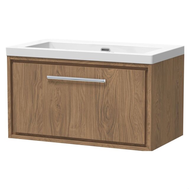 Balterley Longnor 1 Drawer Wall Hung Vanity Unit with 1 Tap Hole Modern Fireclay Basin, Antique Oak, 800mm