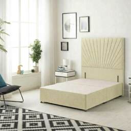 Sunburst Divan Bed with 54'' Floor Standing Headboard Linen Fabric Yellow Beige