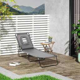 Outsunny Folding Sun Lounger with Face Hole, 4-Position Adjustable Backrest Garden Recliner Chair Sunbed, Outdoor Lounge Chair with 600 D Oxford Cloth Seat, Pillow for Beach Grey