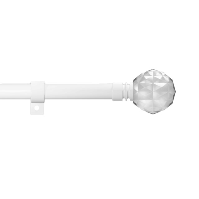 Metal Eyelet Extendable Curtain Pole, Crystal Finials 70-120cm White White Painted White