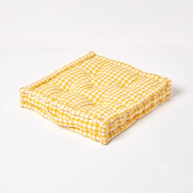 Homescapes Cotton Gingham Check Yellow Floor Cushion - 50 x 50 cm Yellow 50 x 50 cm