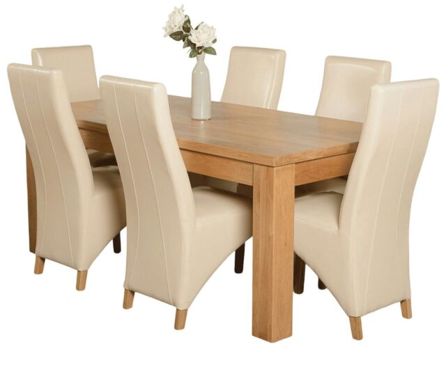 Dakota 182 x 92cm Oak Large Dining Table and 6 Lola Leather Chairs Cream Cream
