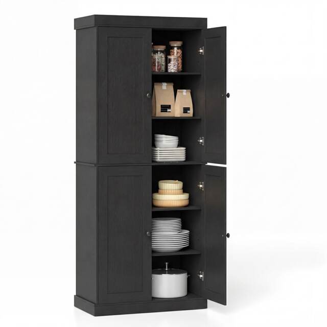 185 cm Tall Pantry Cabinet, Modern 4-Door Freestanding Storage Cabinet with 2 Adjustable Shelves, 6-Tier Wooden Organizer for Kitchen, Dining Room, Living Room, Office