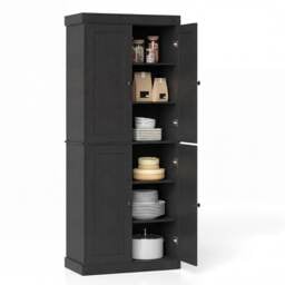 185 cm Tall Pantry Cabinet, Modern 4-Door Freestanding Storage Cabinet with 2 Adjustable Shelves, 6-Tier Wooden Organizer for Kitchen, Dining Room, Living Room, Office