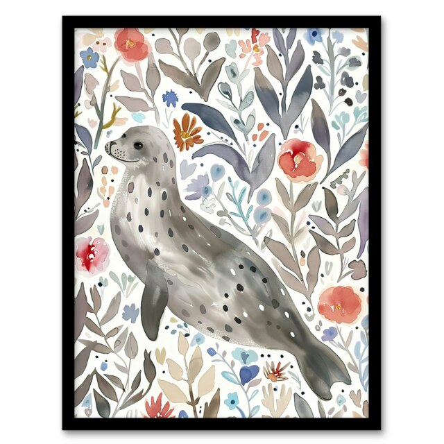 Happy Seal with Coastal Wildflowers Watercolour Black Framed Wall Art Print A4