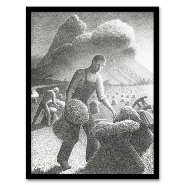 Grant Wood Approaching Storm in Wheat Farm Framed Wall Art Picture Print A3